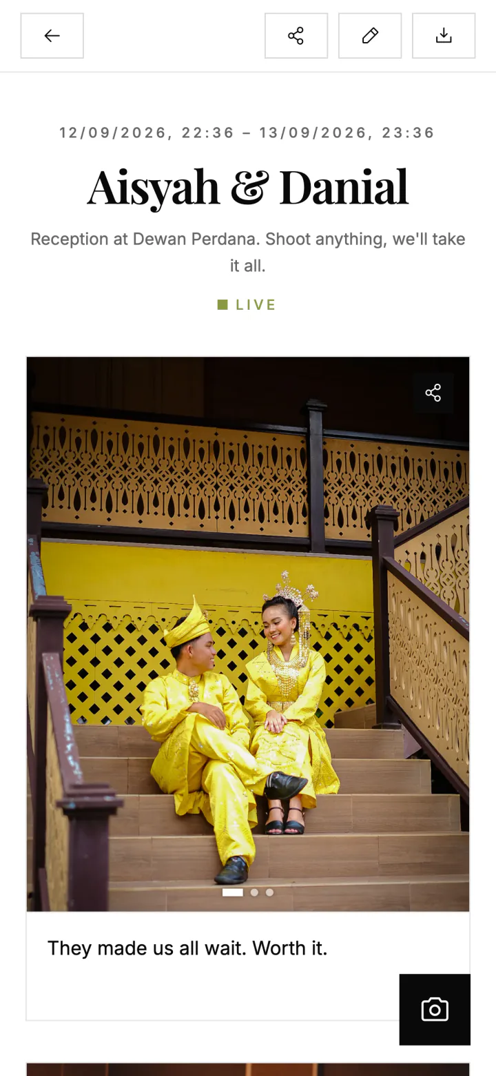 The host's gallery on a phone: a live event with guest photos and captions.
