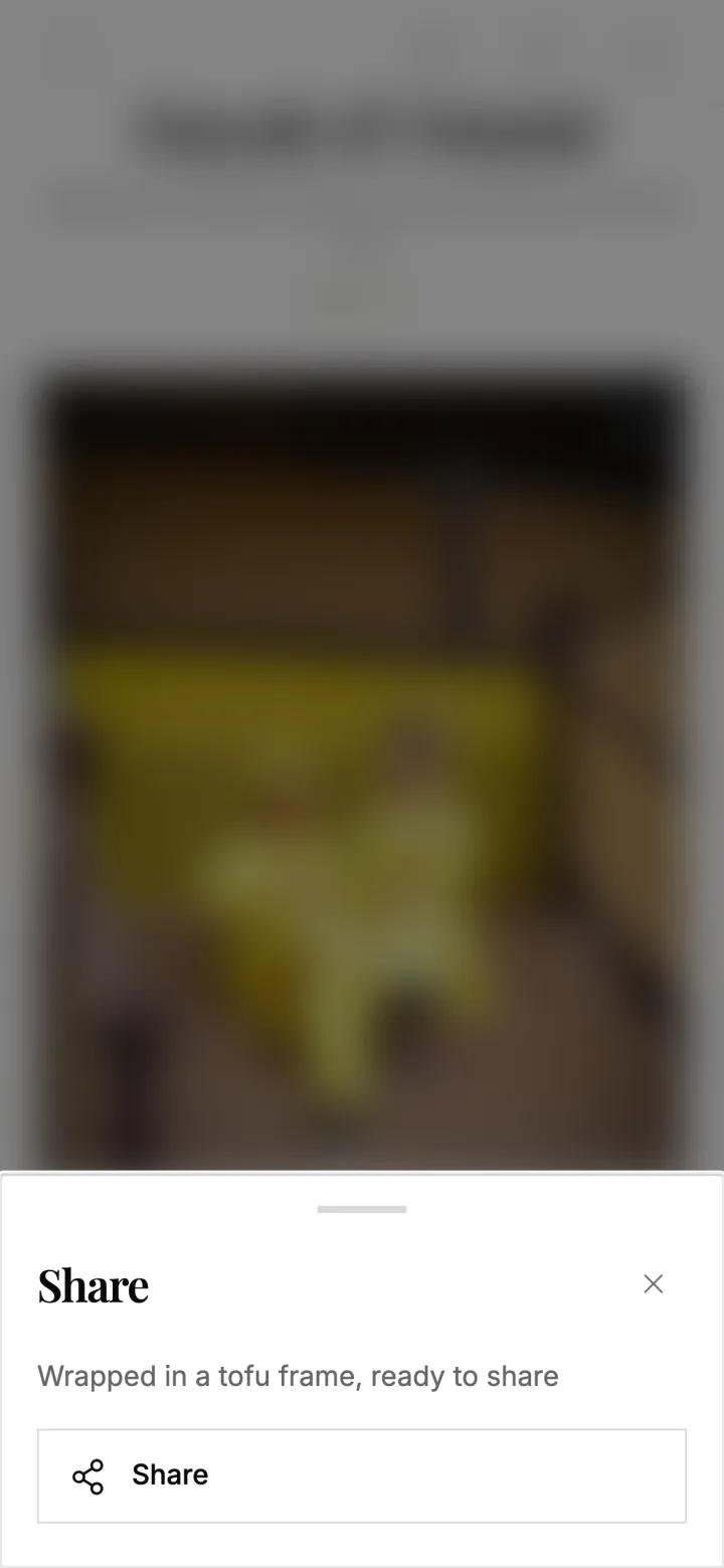 The share sheet on a phone, offering a guest photo already wrapped in a tofu frame.