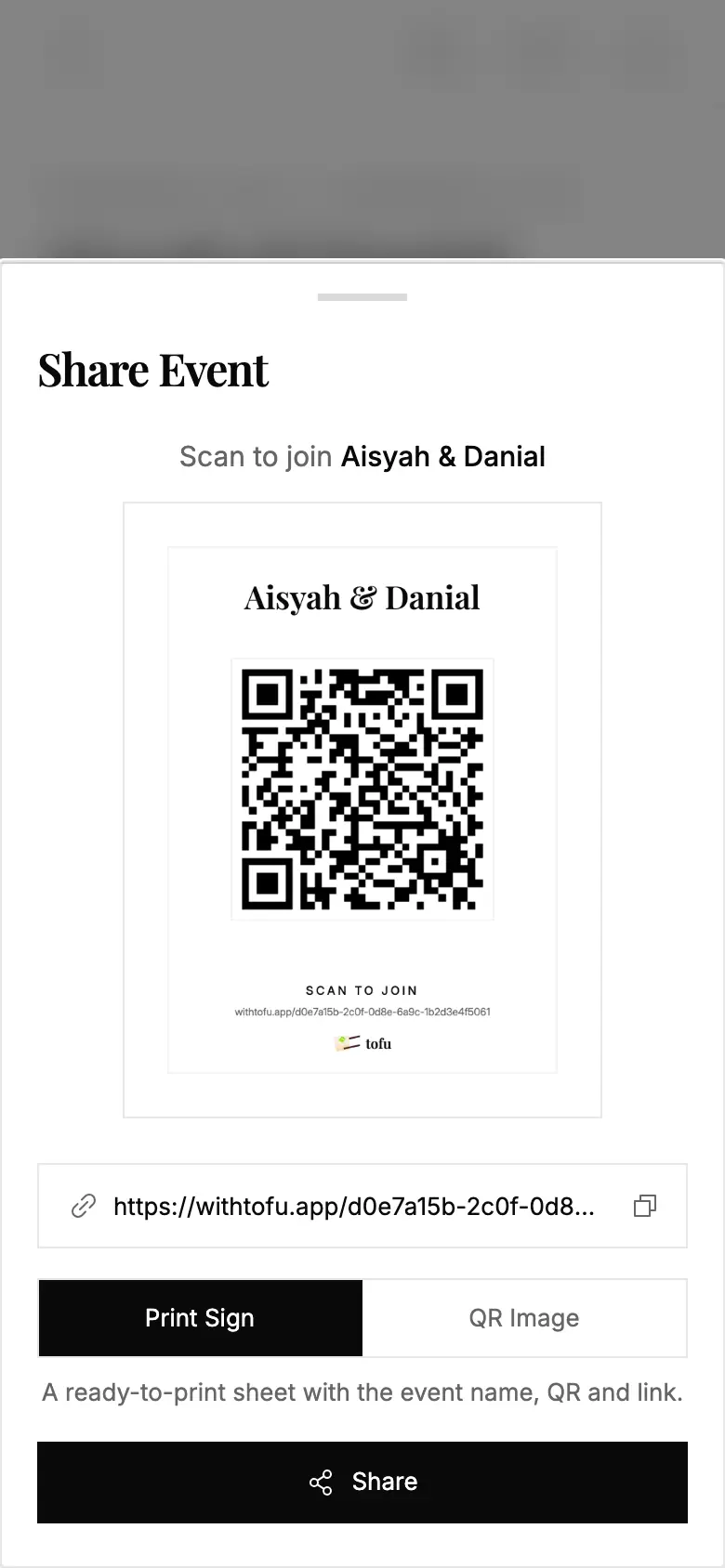 The Share Event sheet on a phone, switching its preview from the printable sign to the bare QR code.